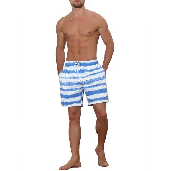 Men's Tie-dyed Pattern Elastic Waist Summer Swimming Shorts Blue - Picture 2 of 5